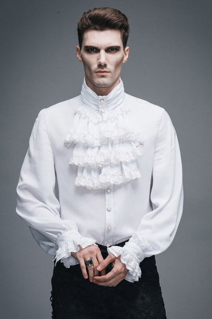 White Ruffled Lace Button-up Micro-bullet Chiffon Long Sleeve Gothic Shirt