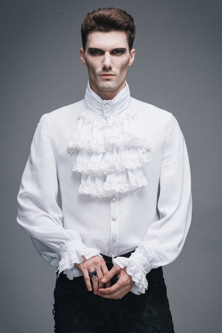 White Ruffled Lace Button-up Micro-bullet Chiffon Long Sleeve Gothic Shirt