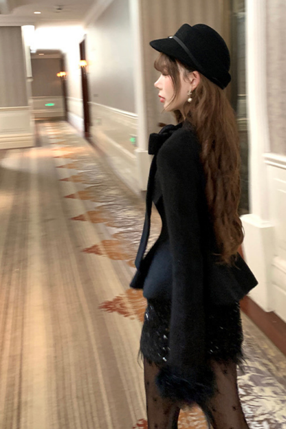 Stand Ribbon Big Bow Coat + Shiny Glitter Skirt
