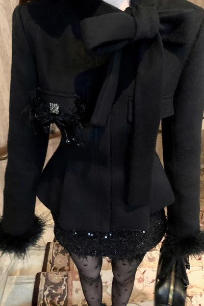 Stand Ribbon Big Bow Coat + Shiny Glitter Skirt