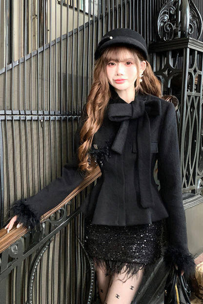 Stand Ribbon Big Bow Coat + Shiny Glitter Skirt