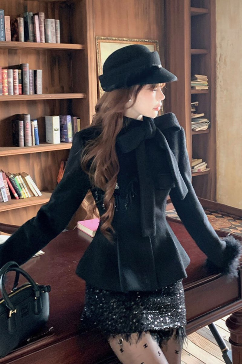 Stand Ribbon Big Bow Coat + Shiny Glitter Skirt