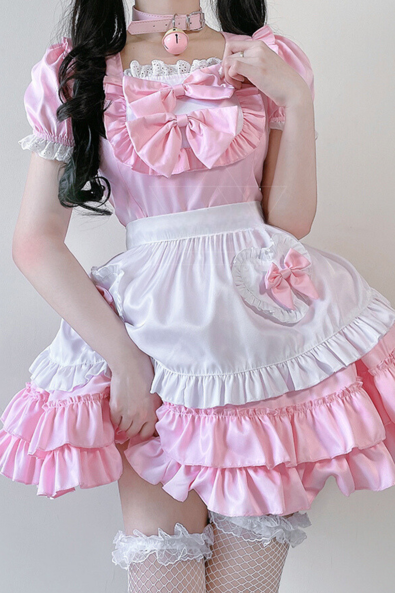 Double Ribbon Ruffle Lolita Maid Dress Set