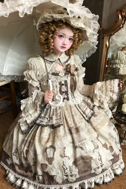 Briana Bear Print Dream Doll Lolita Dress + Jsk + Skirt + Shirt + Petticoat