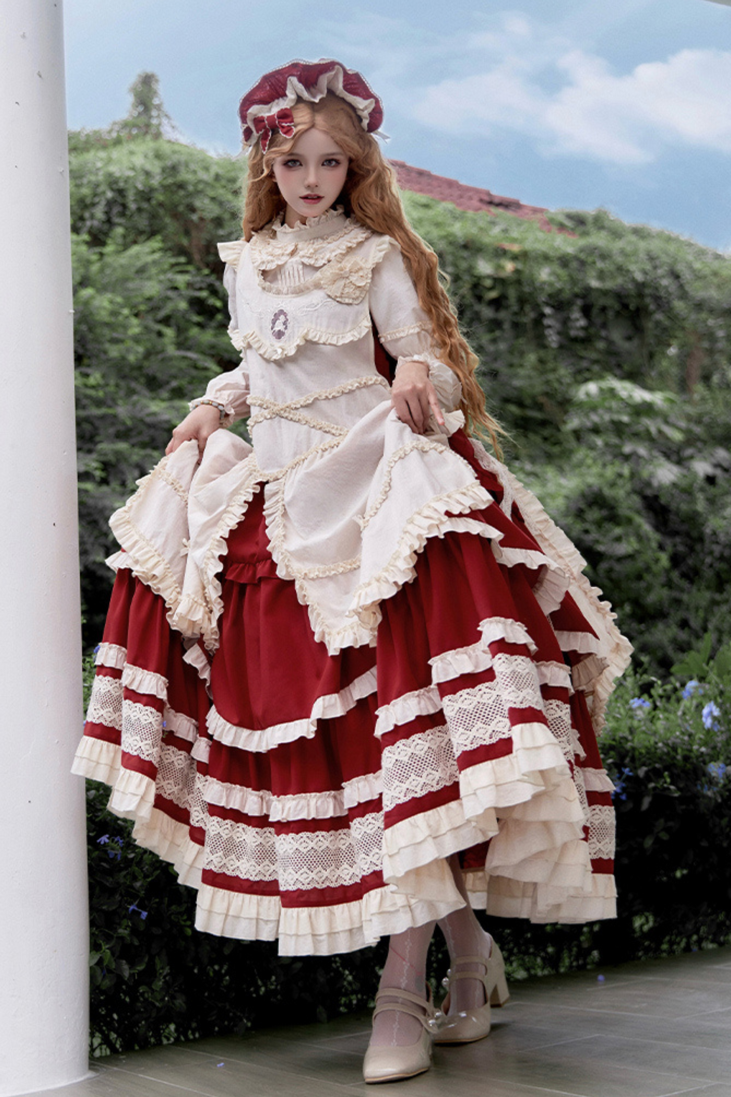 Doll Long Tiered Suspender Skirt + Shirt + Sleeves + Apron + Petticoat + Headband + Ribbon + Accessories