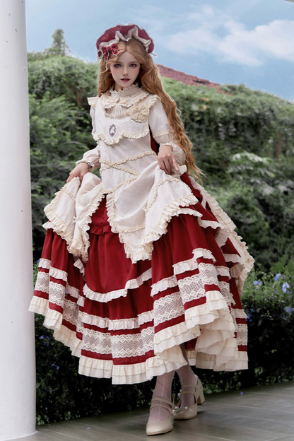 Doll Long Tiered Suspender Skirt + Shirt + Sleeves + Apron + Petticoat + Headband + Ribbon + Accessories