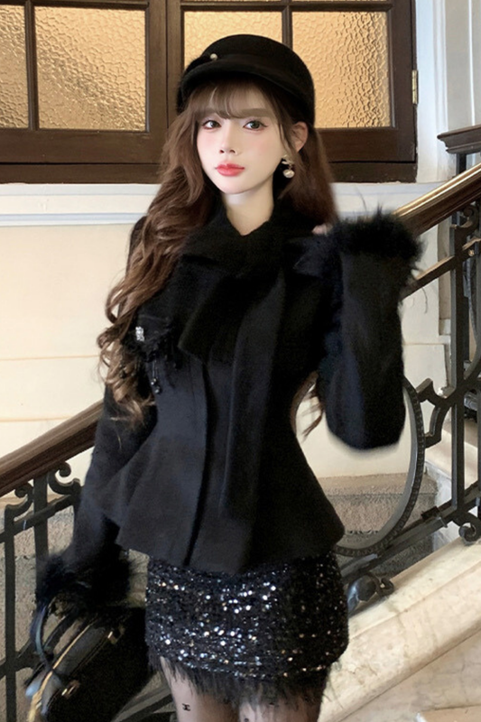 Stand Ribbon Big Bow Coat + Shiny Glitter Skirt