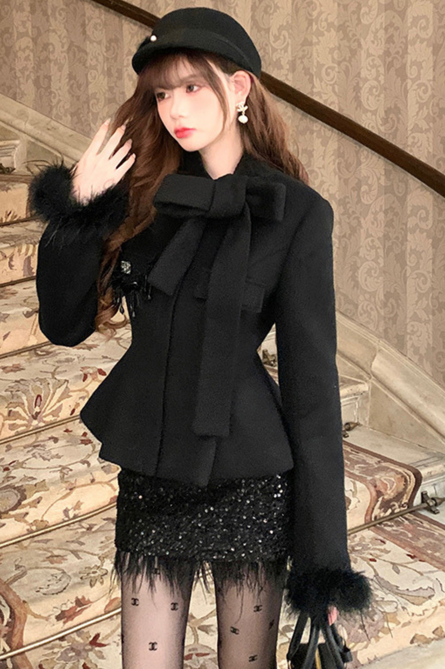 Stand Ribbon Big Bow Coat + Shiny Glitter Skirt