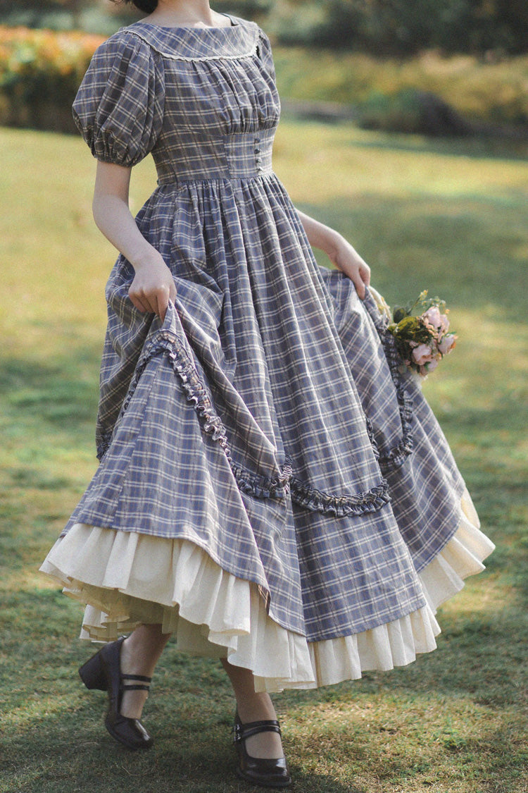Grey/blue [forest Picnic] Boat Neck Short Sleeves Printed Lift-hem Ruffled Classic Lolita Dress