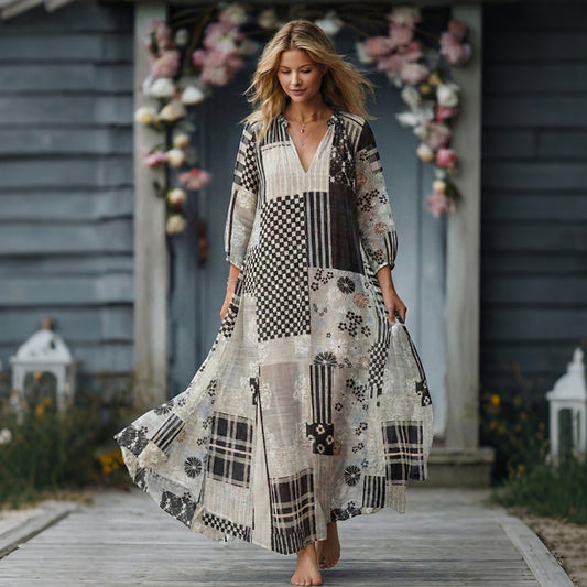 Women's Traditional Japanese Floral Geometric Art V-neck Dress elevenforest