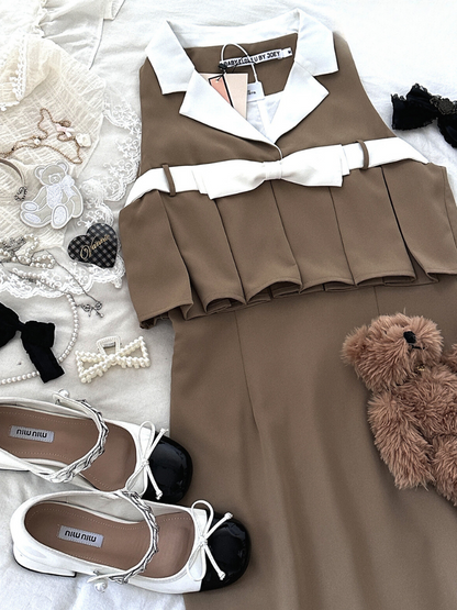 Retro Ribbon Camel Lapel Rich One-piece Dress
