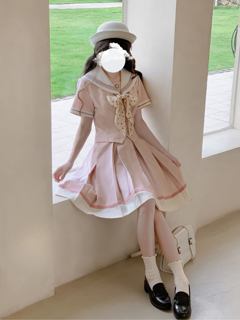 [pre-order] Retro Sweet Summer Sailor Top + Pleated Skirt + Dot Ribbon