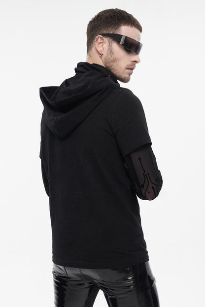 Black Paneled Mesh Long Sleeve Super High Collar Masked Circuit Diagram Printed Hooded Knitted Punk T-shirt