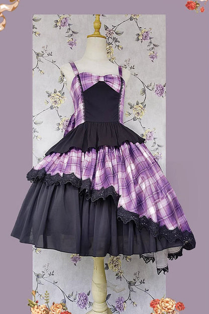 Multi-color Triple-layered Print Bowknot Lace Asymmetric Classic Lolita Dress 5 Colors