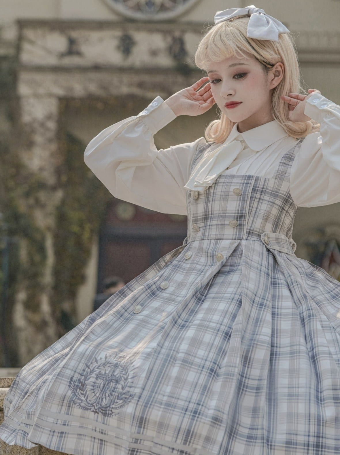 Bow Collar Volume Sleeve Plaid Dress + Cross Plaid Cape Coat