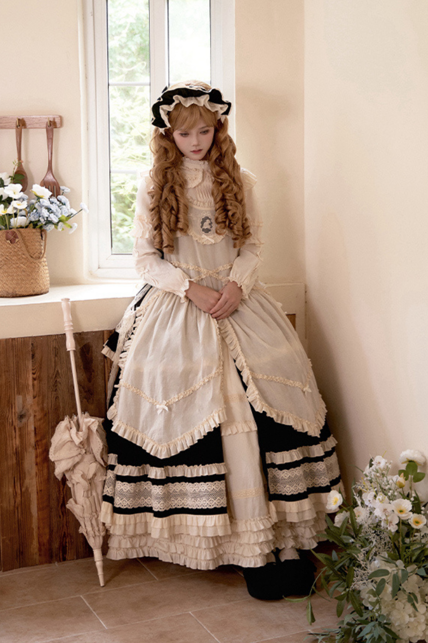 Doll Long Tiered Suspender Skirt + Shirt + Sleeves + Apron + Petticoat + Headband + Ribbon + Accessories
