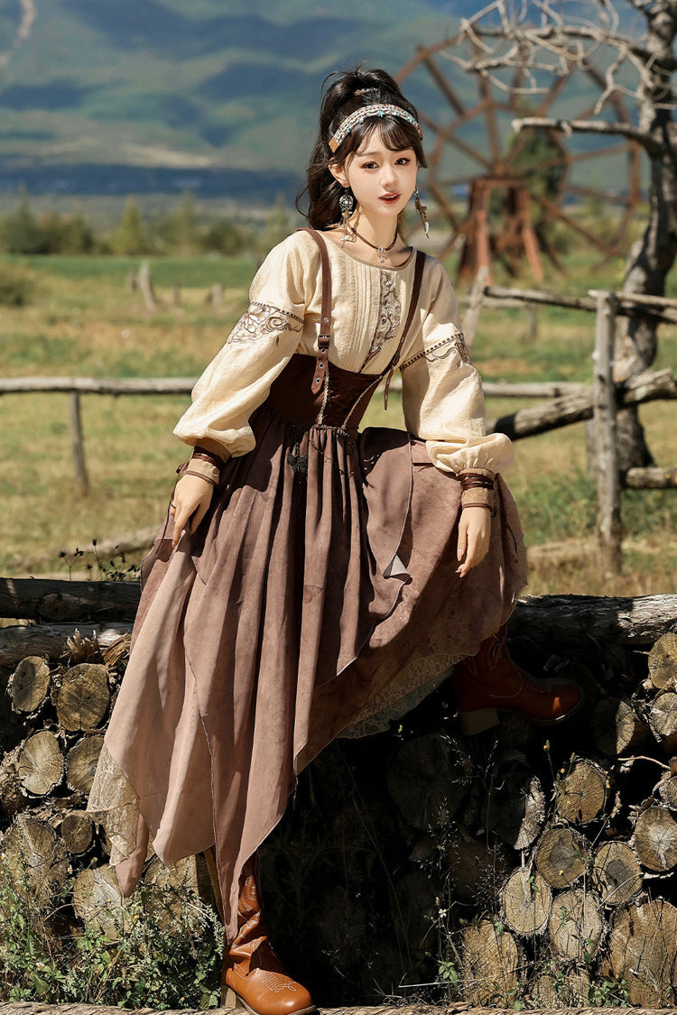 Brown [sunset Yellow Sand] Print Irregular Asymmetric Classic Lolita Dress Set