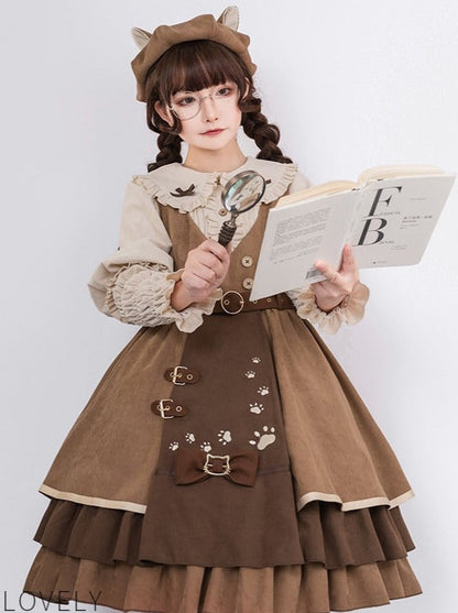 Cat Detective Skirt + Ruffle Blouse + Belt + Ear Hat + Shawl