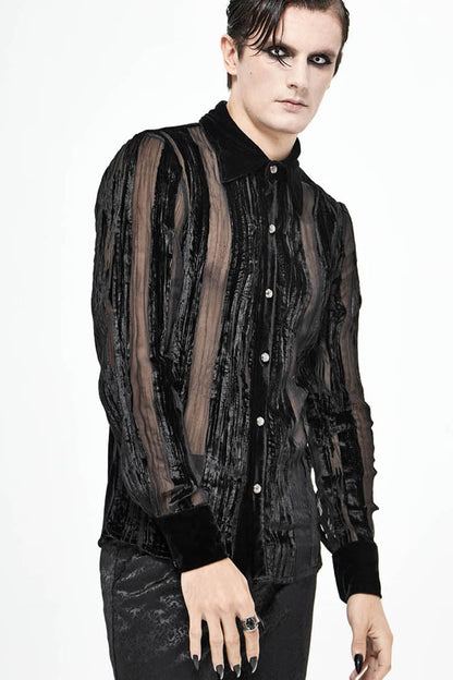 Black Striped Velvet Fold Mushroom Metal Buckles Long Sleeve Irregular Gothic Shirt