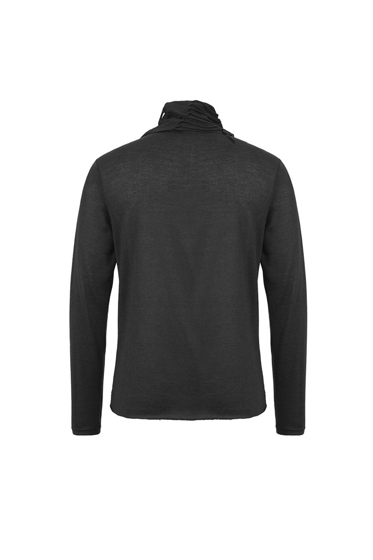 Black Ragged Turn-down Collar Woolen Long Sleeve Irregular Hem Punk T-shirt