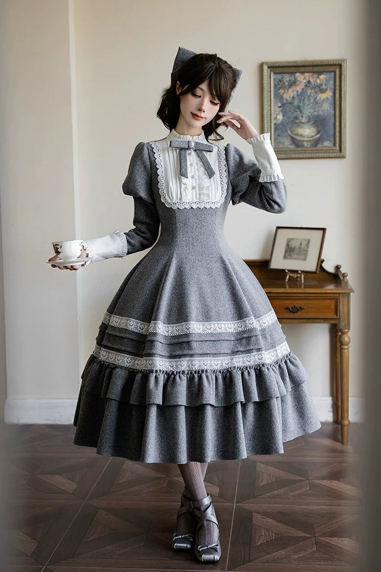 Grey [letters and Poems · Old Memories] Stand Collar Long Sleeves Double-layered Ruffled Bow Classic Lolita Dress 2 Versions