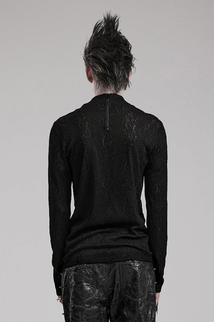 Black Round Collar Long Sleeves Jacquard Symmetrical Rope Gothic T-shirt
