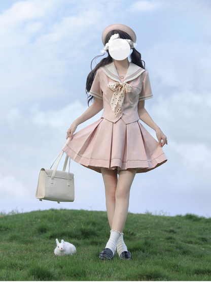 [pre-order] Retro Sweet Summer Sailor Top + Pleated Skirt + Dot Ribbon