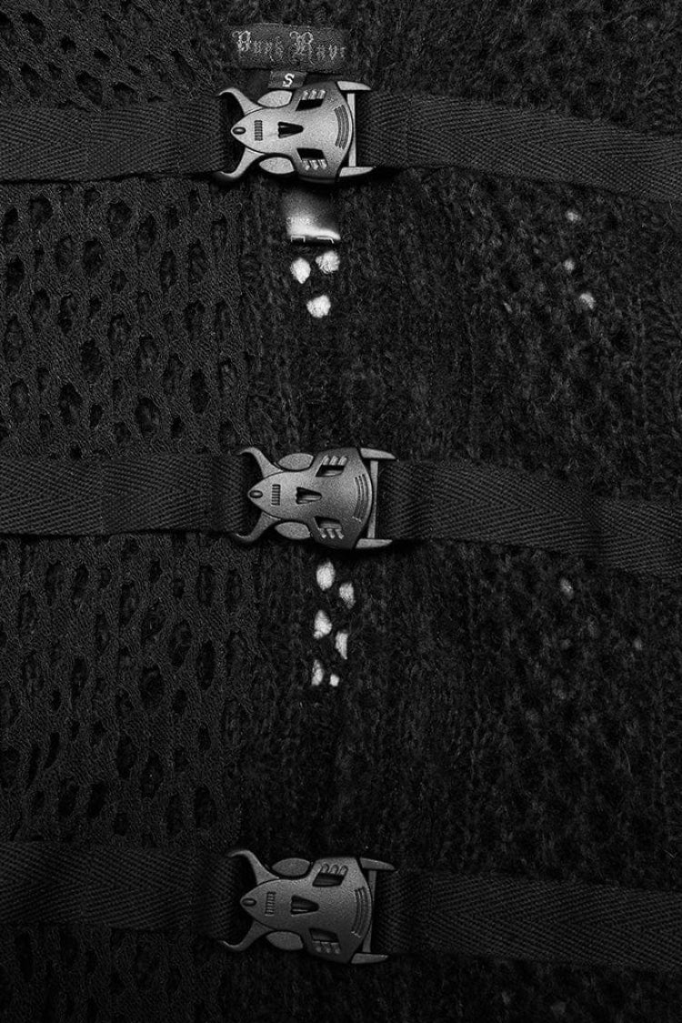 Black Irregular Hem Webbing Buckle Gothic Vest