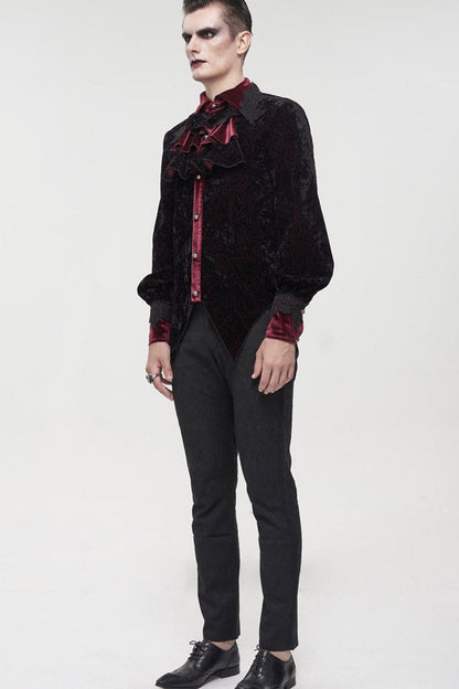 Black/red Gothic Lace Stand Collar Ruffle Lantern Sleeves Velvet Crack Shirt