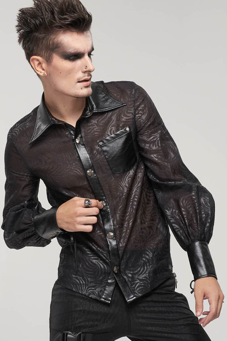 Black Punk Vertical Pattern Printing Cuff Drawstring Decoration See-through Shirt
