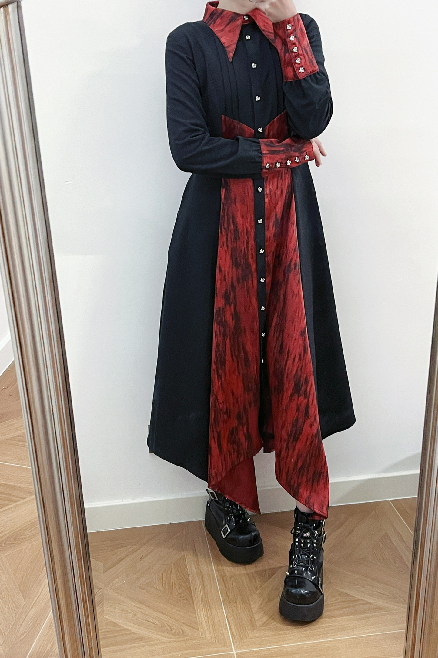 High Collar Blocking Asymmetrical Dress