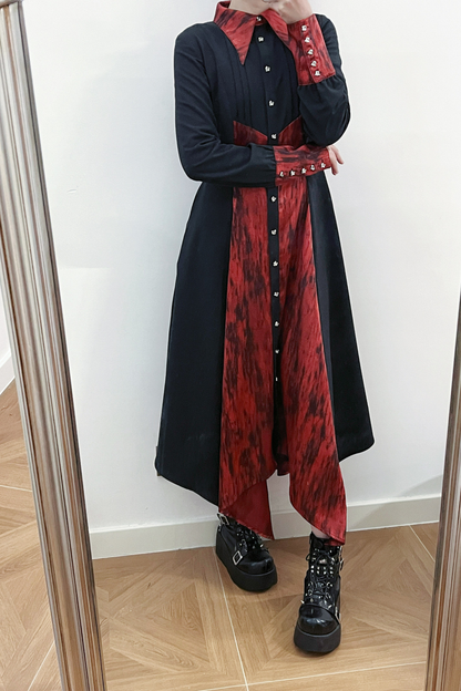 High Collar Blocking Asymmetrical Dress