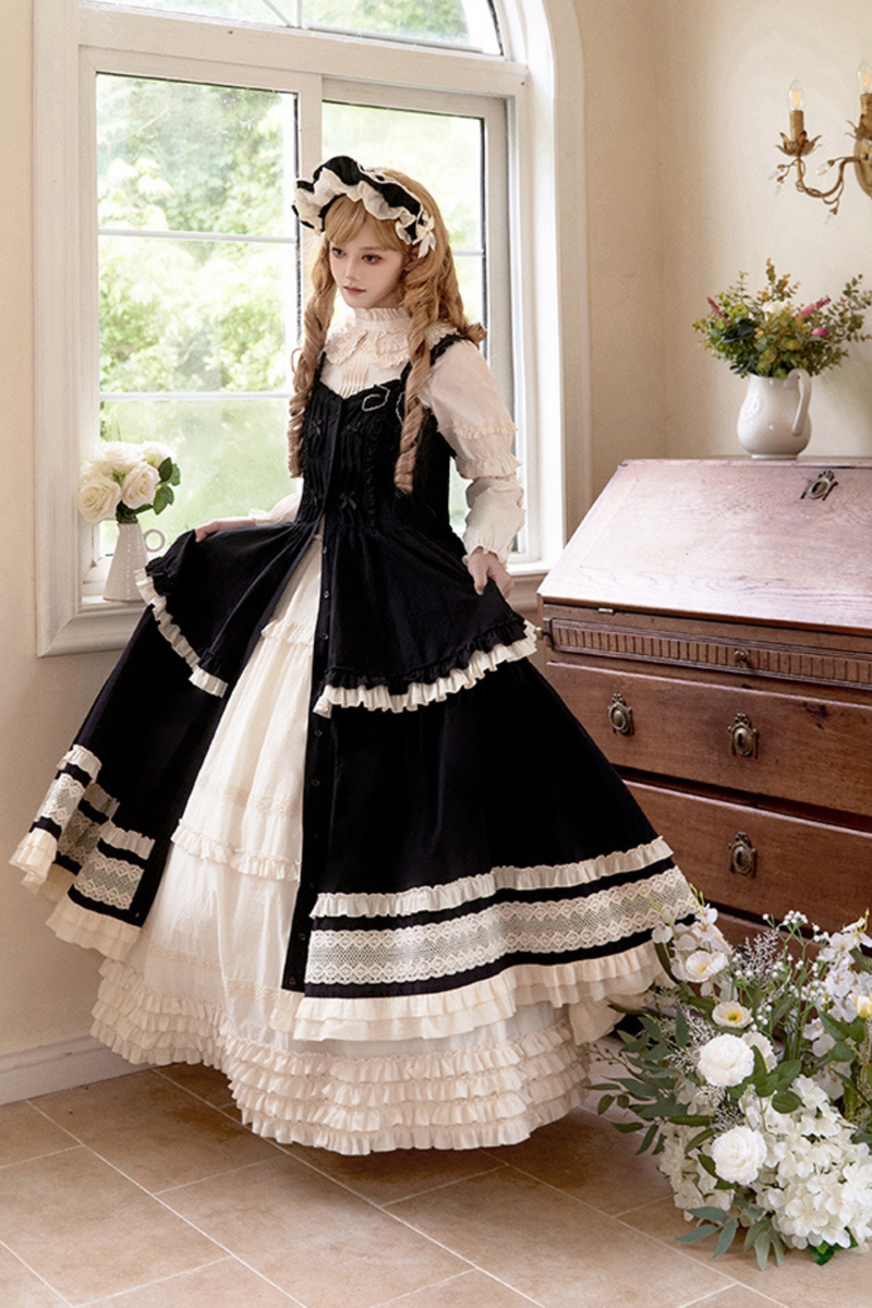 Doll Long Tiered Suspender Skirt + Shirt + Sleeves + Apron + Petticoat + Headband + Ribbon + Accessories