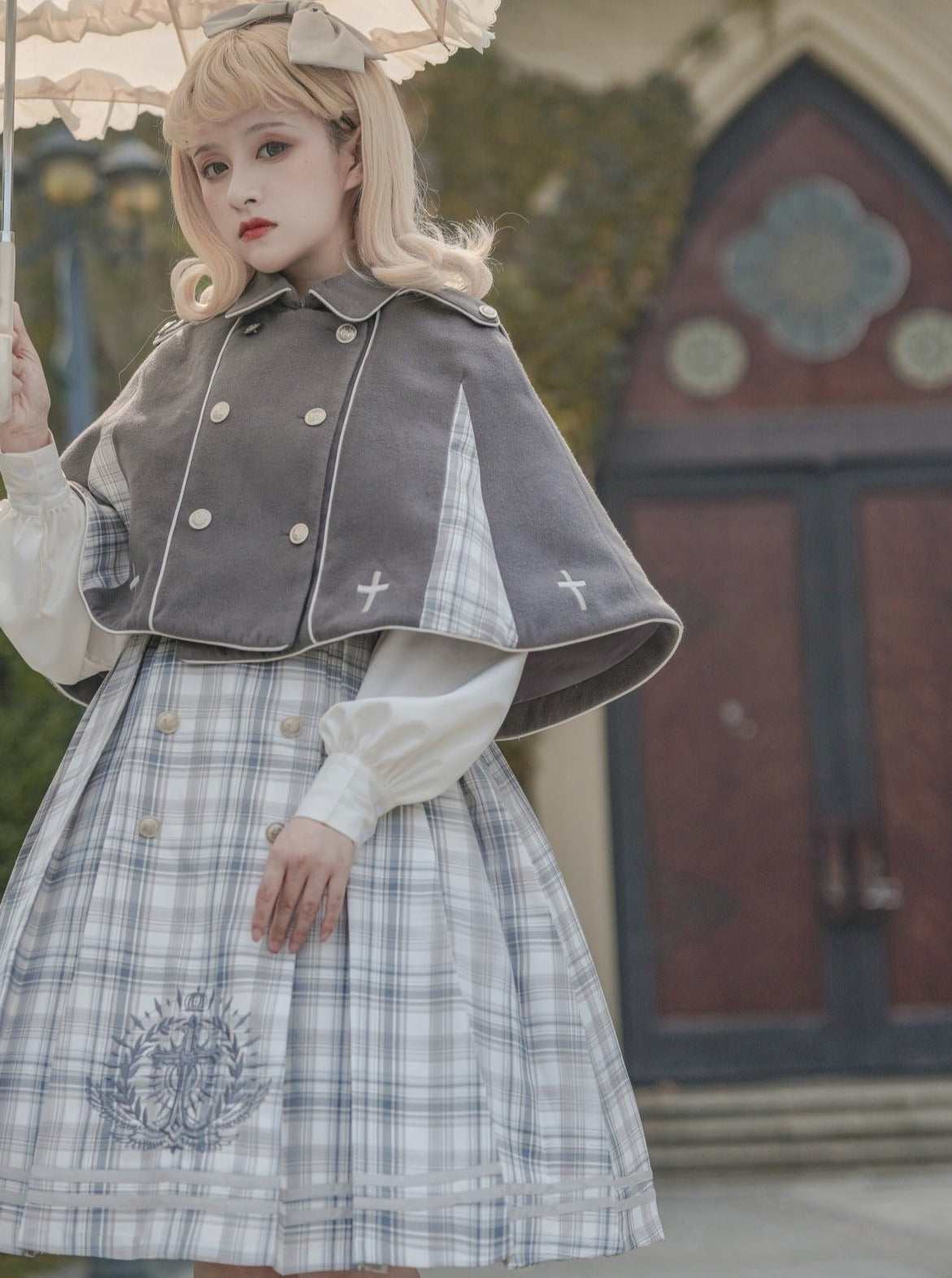 Bow Collar Volume Sleeve Plaid Dress + Cross Plaid Cape Coat