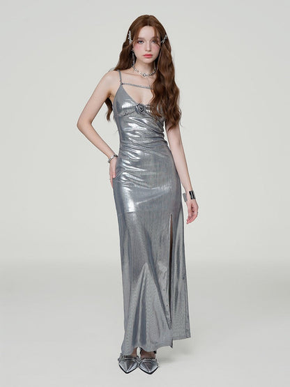 Cool Spicy Silver Slit Suspender High-end Dress
