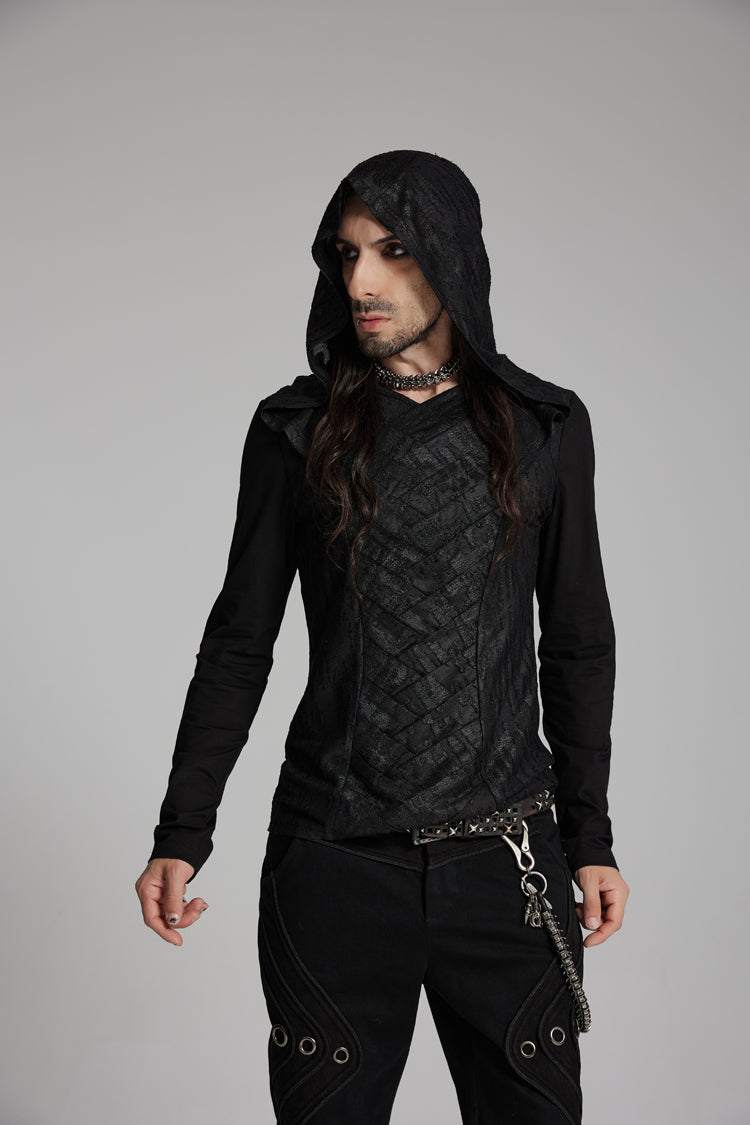 Black V Collar Long Sleeves Hooded Overlaping Mesh Punk T-shirt