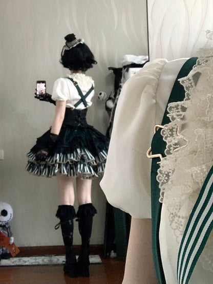 [pre-order Deadline: May 20] Magical Girl Lolita Lace Puff Sleeve Shirt + Black X Green Ribbon Corset Tiered Dress + Mini Hat