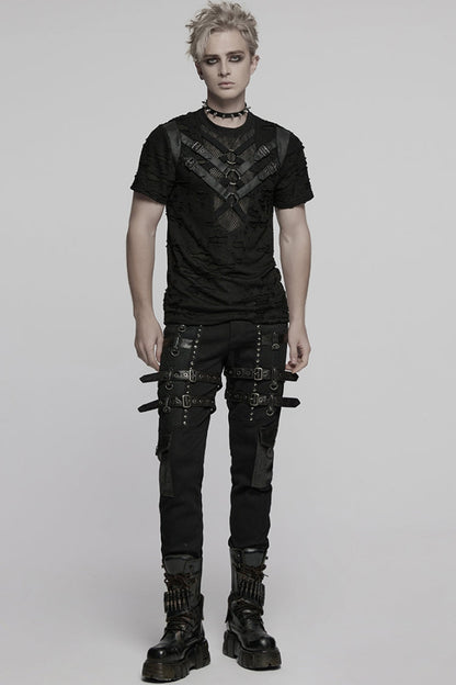 Black Short Sleeves Stitching Mesh Ripped Strap Punk T-shirt