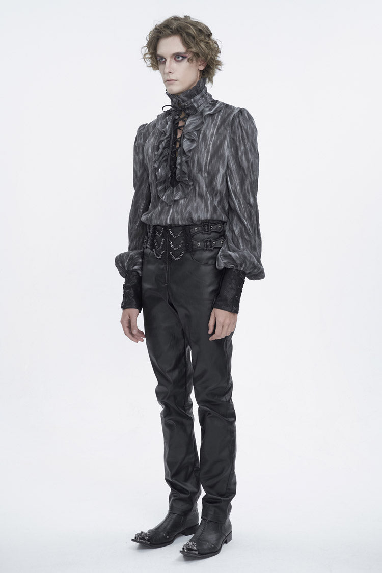 Black/grey Ruffle Stand Collar Print Lace-up Gothic Blouse