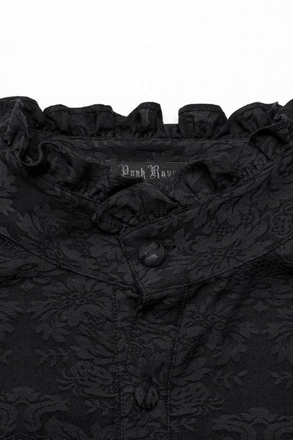 Black Stand Collar Long Puff Sleeves Jacquard Print Gothic Blouse With Necktie