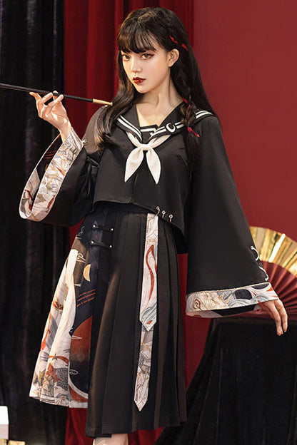Black Bad Girl Chinese Elements Printed Asymmetric Pleated Skirt Full Set of Classic Lolita Dress