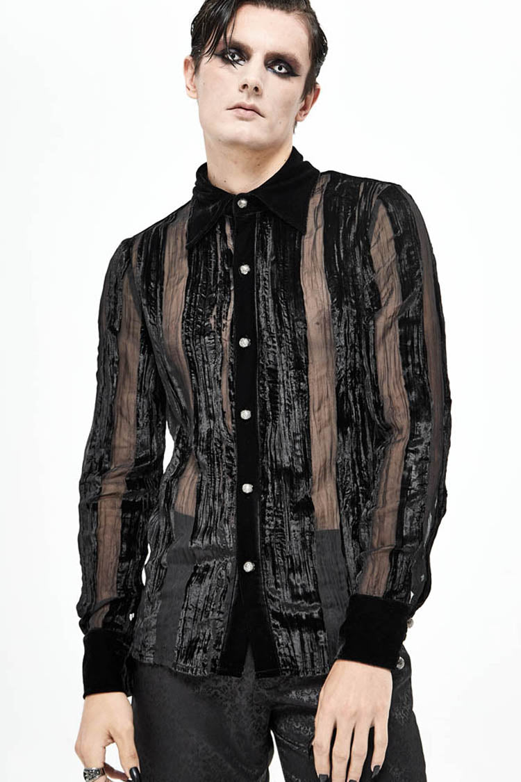 Black Striped Velvet Fold Mushroom Metal Buckles Long Sleeve Irregular Gothic Shirt