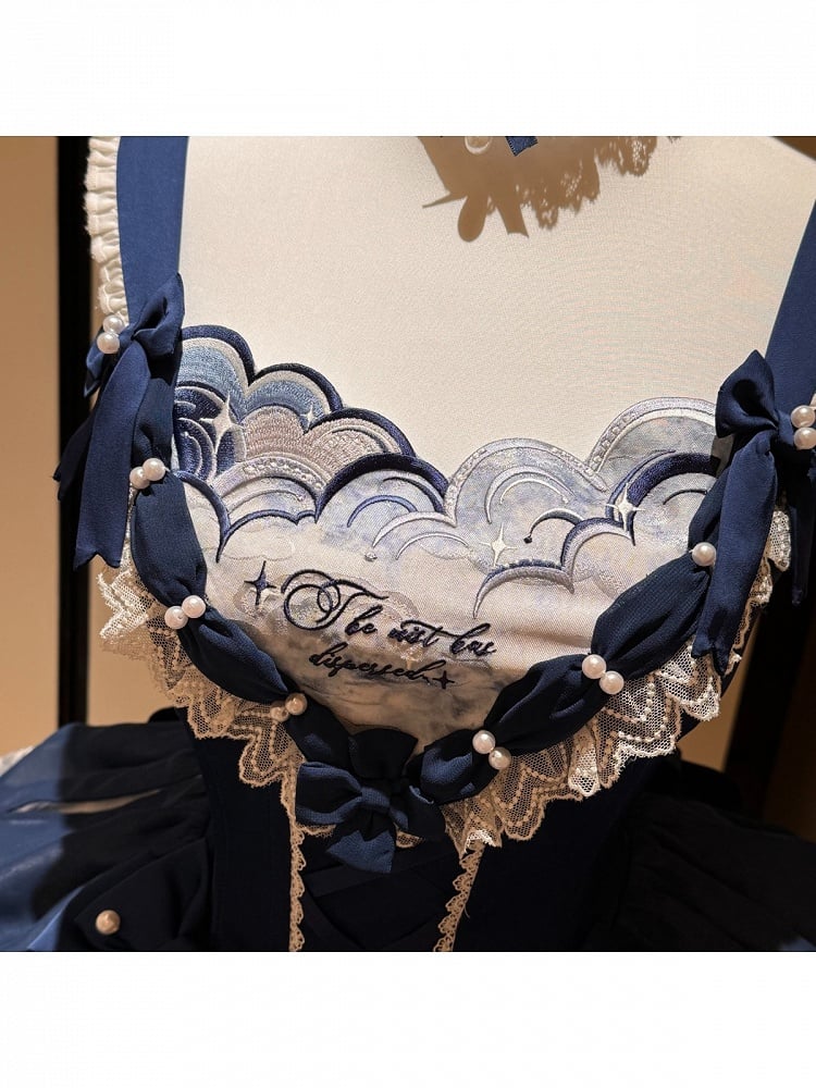 [pre-order Deadline: May 6] Dark Blue Moonlight Sea Lace Ribbon Layered Dress + Accessories