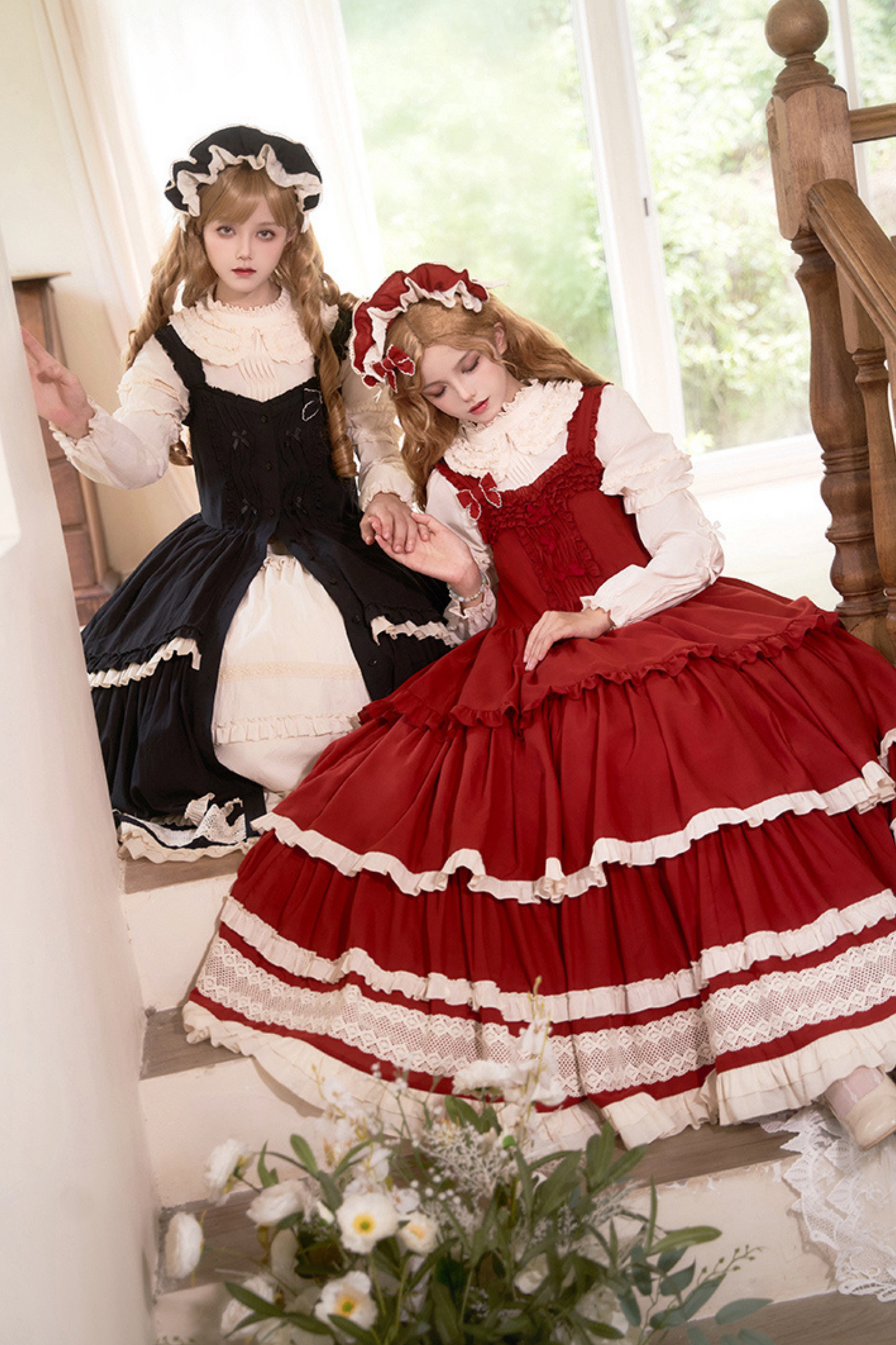 Doll Long Tiered Suspender Skirt + Shirt + Sleeves + Apron + Petticoat + Headband + Ribbon + Accessories