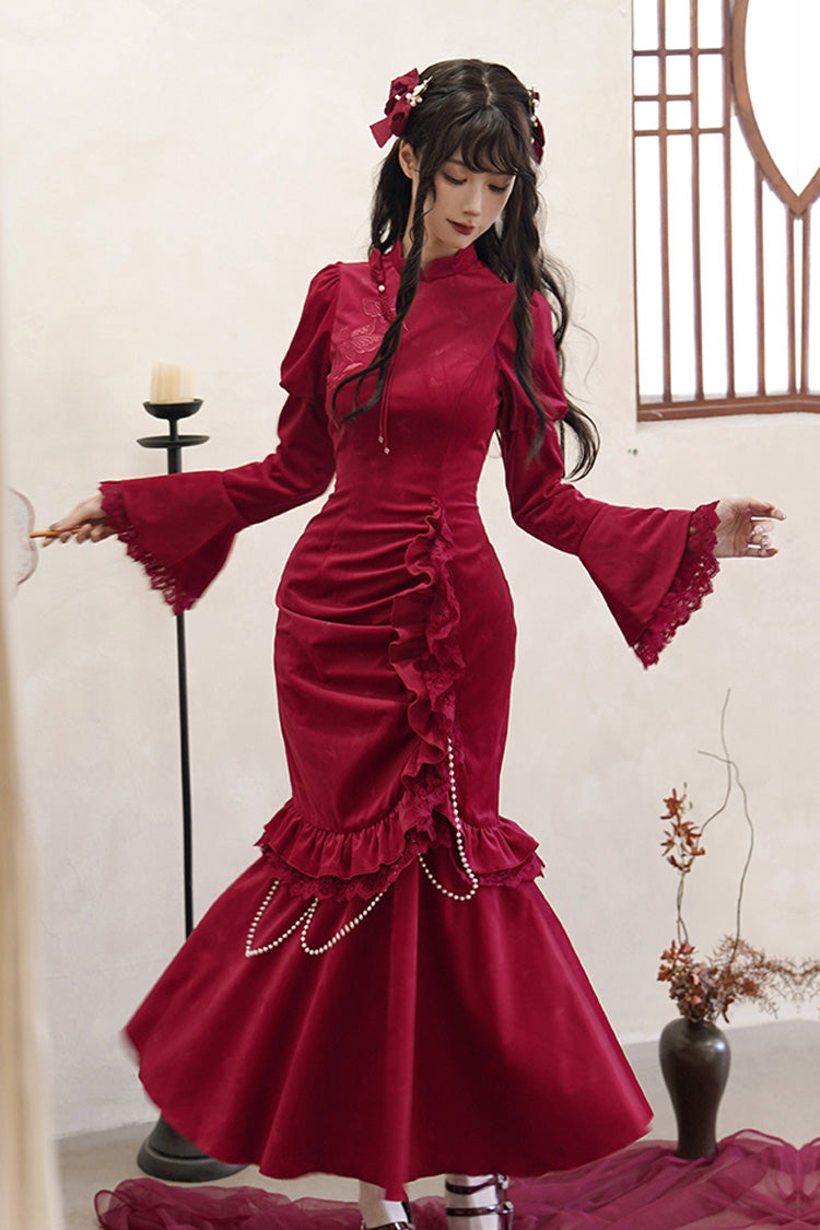 Red Long Sleeves Ruffle Embroidery Bowknot Lace Classic Chinese Style Lolita Dress