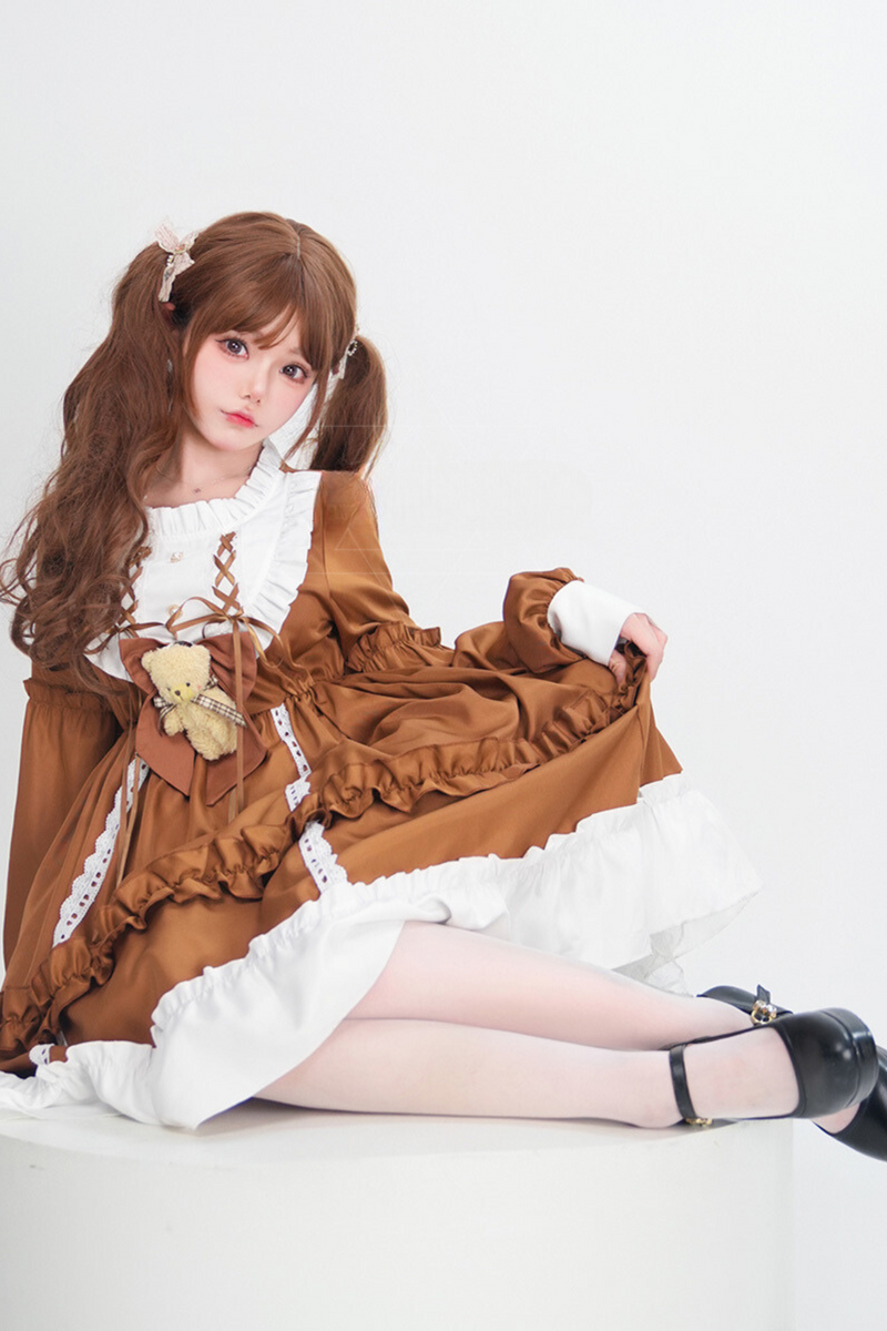 Doll Lace-up Lolita Dress + Bustle + Bear Ribbon