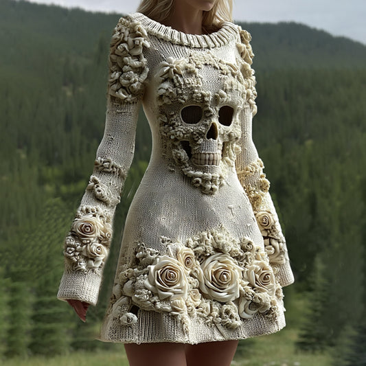Women's Halloween Skull With Rose Art Cozy Knit Sweater Dress elevenforest