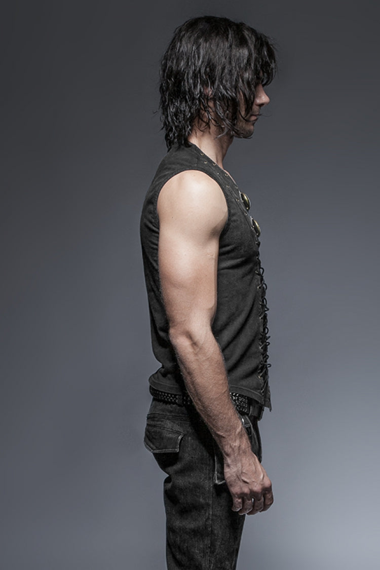 Black V Collar Sleeveless Metal Rings Cross Lace-up Steampunk Vest