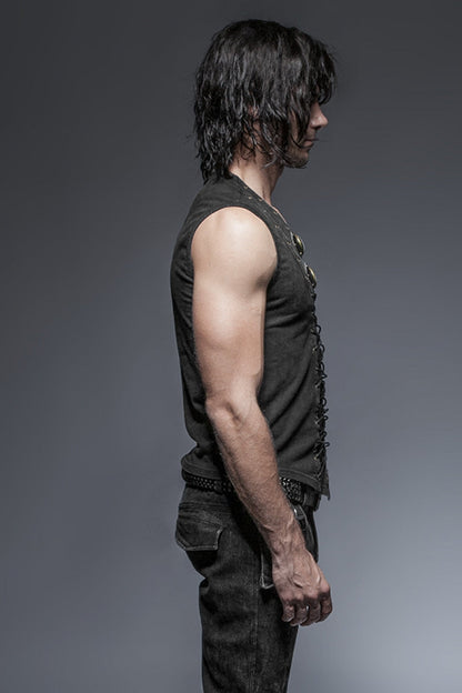 Black V Collar Sleeveless Metal Rings Cross Lace-up Steampunk Vest