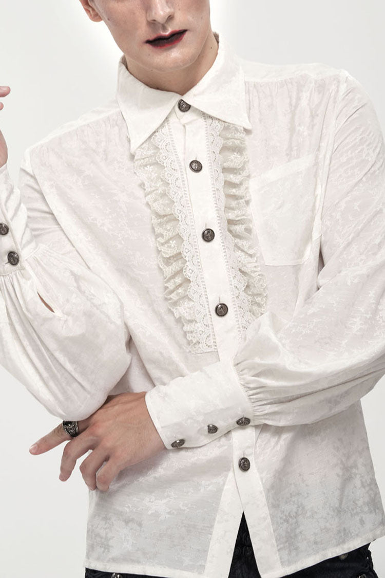 White Gothic Metal Pattern Buckle Long Sleeve Pleated Lace Lantern Shape Printing Pattern Shirt